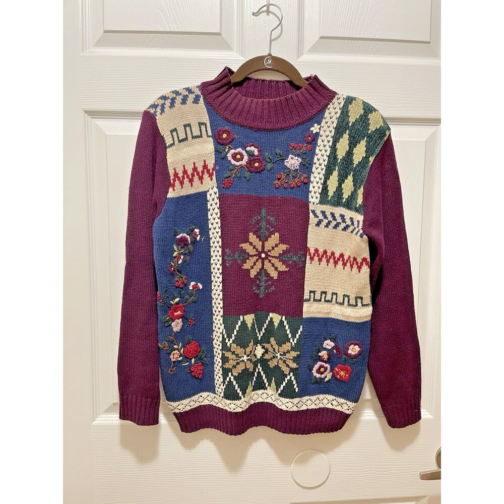 Vintage Women's Sweater PS Petite Alfred Dunner Cottagecore Embroidered Floral